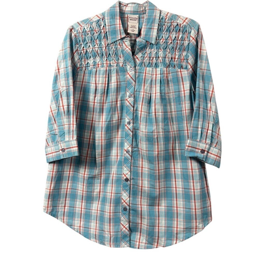 scandia woods Button-Up Shirt Womens M Cotton Plaid Collared 3/4 Sleeve